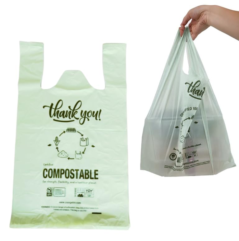 (Large) OrangeBio Certified Home Compostable Shopping Bags, 500ct, 12"x 6" x 20" (Extra Thick), Hold 20 lbs, Thank You/Grocery/Take Out/T Shirt/To-Go