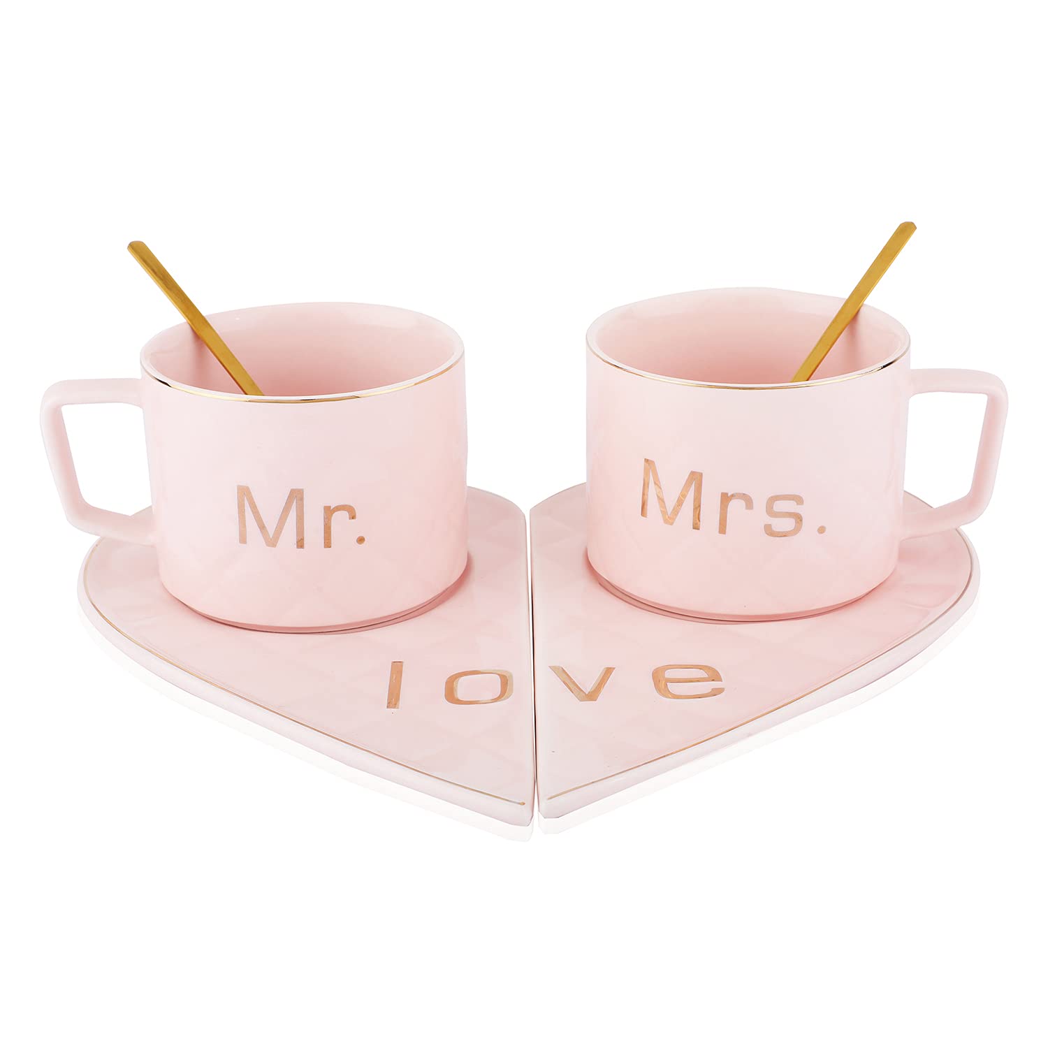 NYRWANA Coffee Mug, Mugs for Present, Wedding Present for Couples, Couple Gift, Rakhi Gift for Brother and Bhabhi, Mr & Mrs Set of 2 Coffee Mugs, Golden Spoons with Heart Shape Saucers (250ml-Pink)