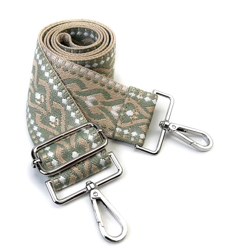 Image of Light Green Geometric Jacquard Purse Strap with Silver Hardware 2 Inch Wide Replacement Crossbody Guitar Style Shoulder Strap for Handbags Totes
