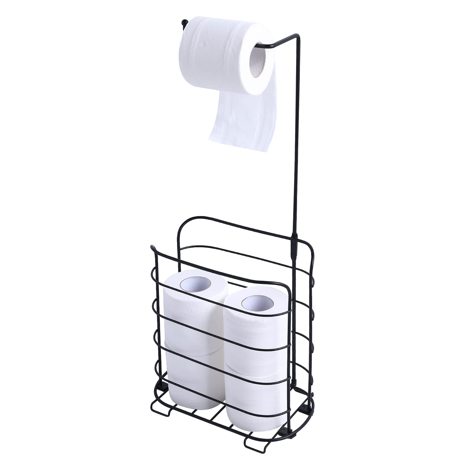 XL Toilet Paper Holder Toilet Paper Stand and Dispenser for 4 Spare Rolls Metal Wire Free-Standing Toilet Tissue Paper Roll Storage Shelf Bathroom Accessories Storage Organizer Black
