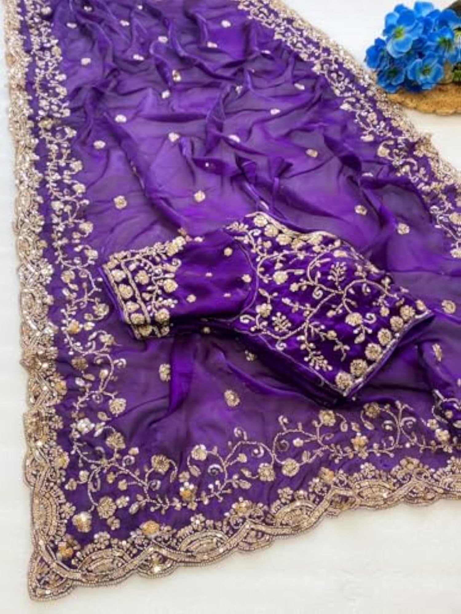 Premium Space Silk Saree with Golden Beads Work & Cutwork Border