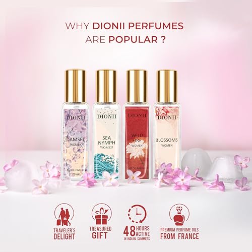 Image of Dionii Eau De Parfum Gift Set for Women | BLOSSOMS, WILD FIRE, SEA NYMPH, DAMSEL Perfume Set | Long Lasting Fragrance (4 x 20ml Each)