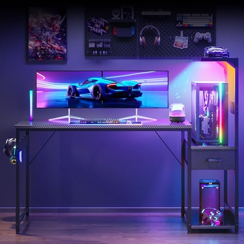 Coleshome 138×48 cm Gaming Desk with LED Lights, Reversible Computer Desk with Drawers & Display Shelves, Gaming Table with Headphone Hook, Carbon Fiber Black - Image 5