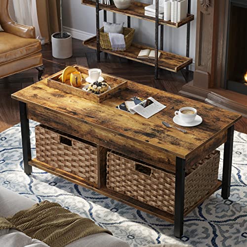Rolanstar Coffee Table Lift Top, Coffee Table With Hidden Storage Compartment And 2 Rattan Baskets, 41.7" Retro Central Table With Wooden Lift Tabletop And Metal Frame For Living Room, Rustic Brown #TOP1