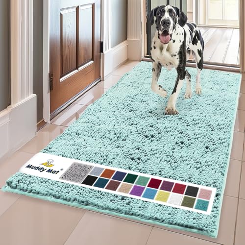 Image of Muddy Mat | Super Absorbent Door Mat Indoor, Microfiber Quick Dry Chenille Entryway Rug, Non-Slip Front Door Mat, Indoor Mats for Entryway, Machine Washable Pet Rug, Seafoam Green 36 inch x 120 inch
