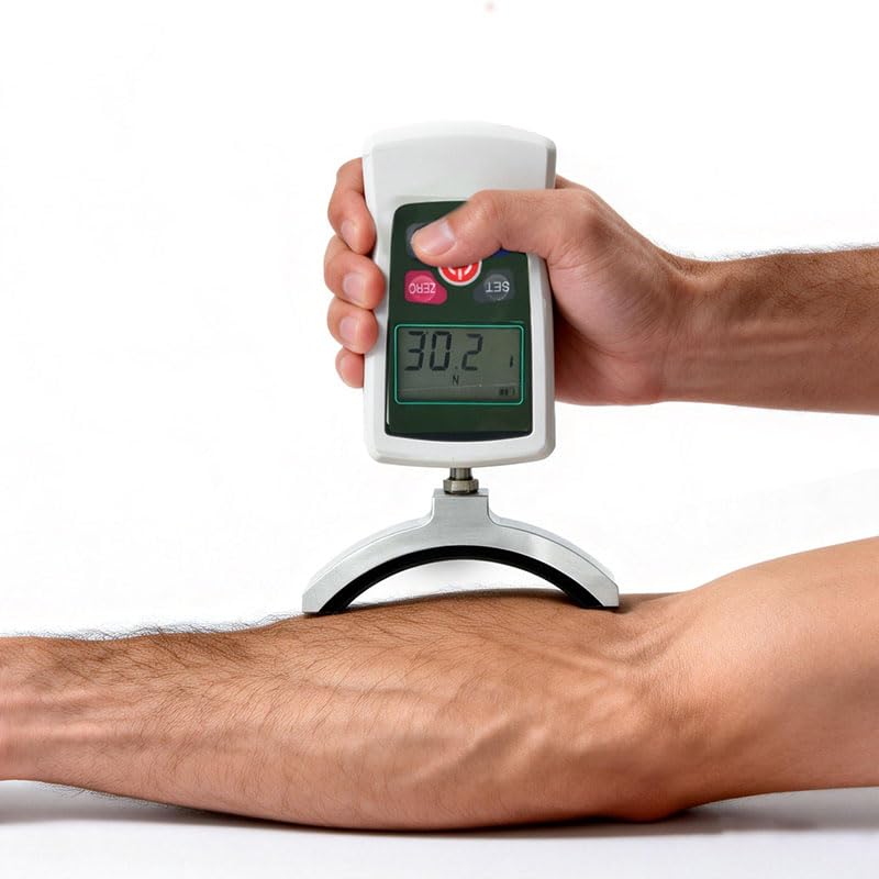 Dinamómetro manual para medir fuerza muscular con valor máximo de carga de 500 N (50 kg / 110 lb), modos de medición en tiempo real, pico y primer pico, y función de ajuste de límites superior e inferior miniatura 1