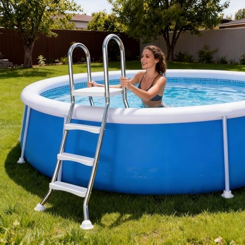 Escalera para piscina elevada de 3 peldaños doble lado acero inoxidable miniatura 1
