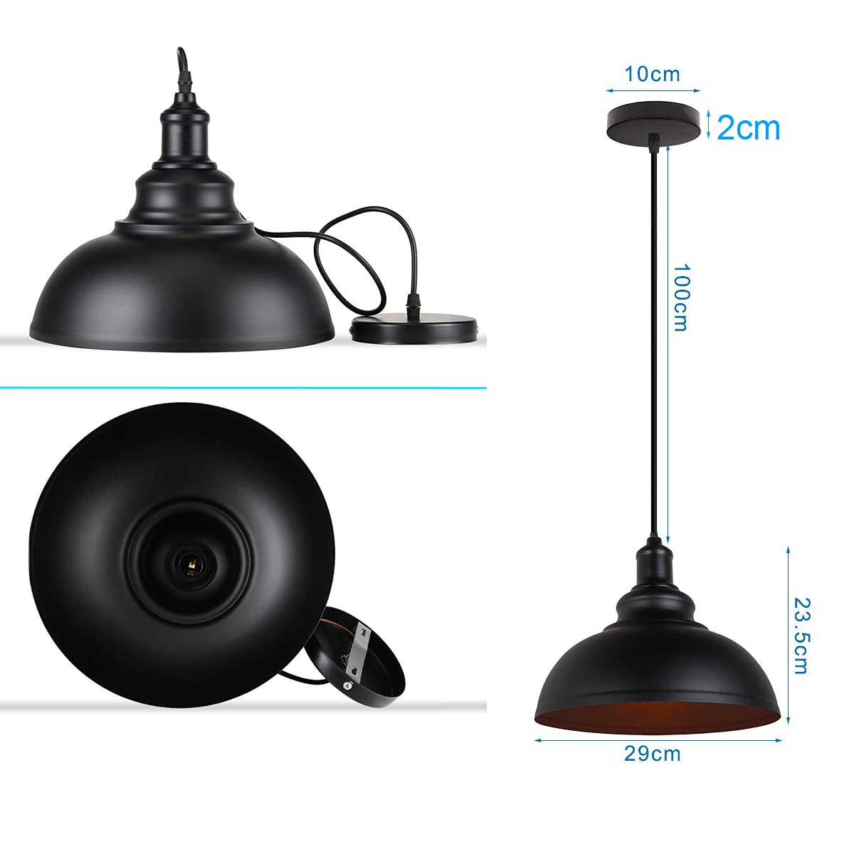iDEGU Zestaw 2 lamp wiszących przemysłowych żyrandol sufitowy w stylu vintage, E27, retro, metalowa lampa sufitowa do kuchni, jadalni, salonu, restauracji, Ø 29 cm (czarny + czarny)