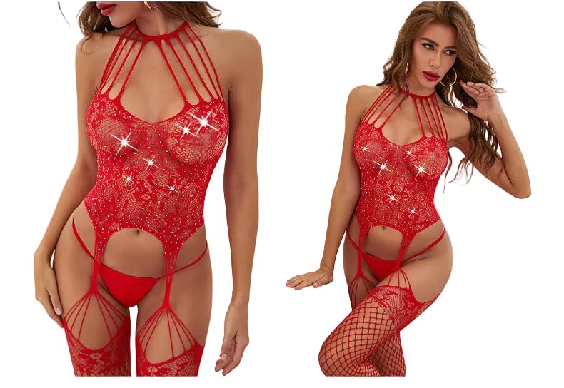 panteazy PANTEASY Red Dress Free Size Knitted Stretch Bodysuit Body Stocking Sexy Dresses for Women-picture-11