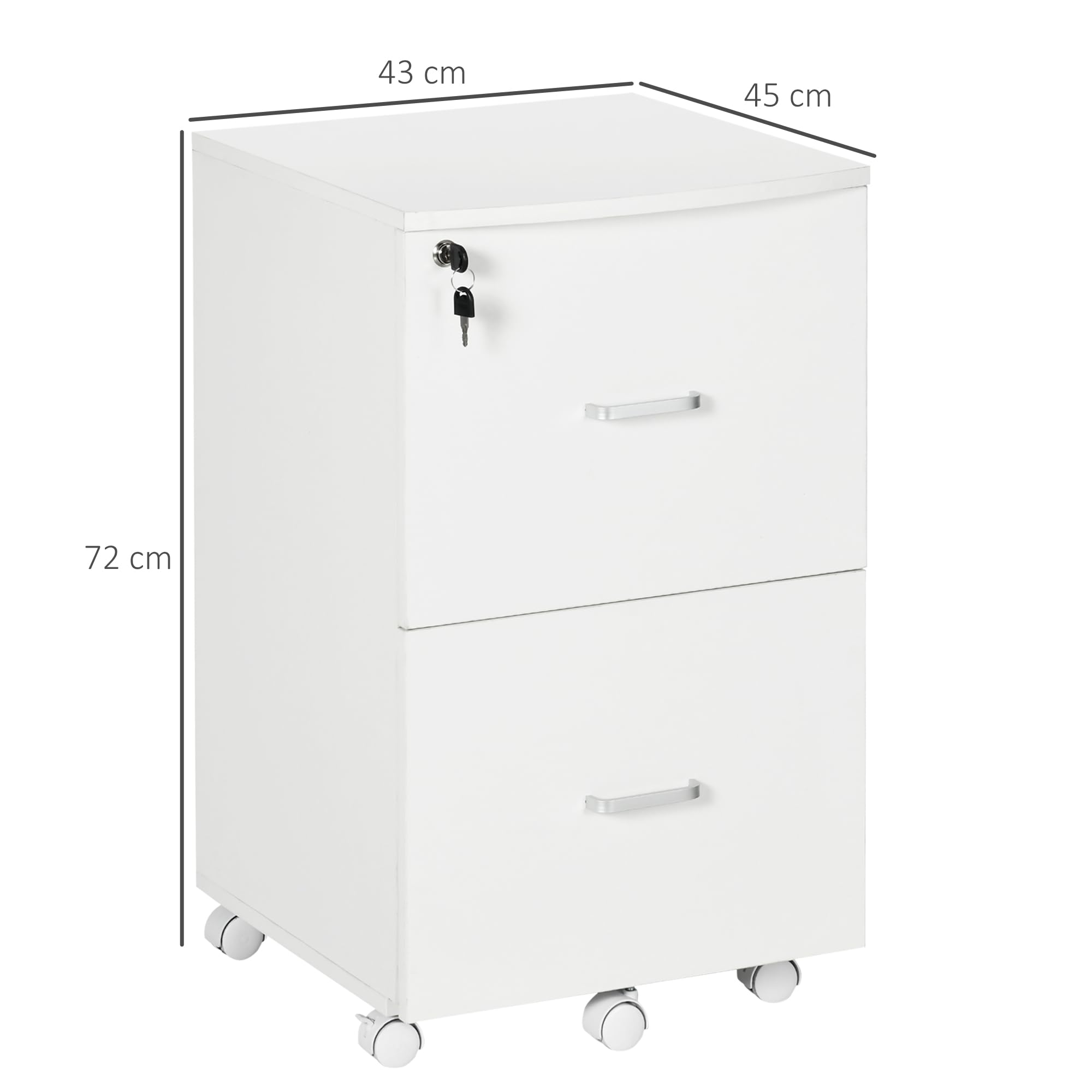 Vinsetto Armadietto da Ufficio e Studio con 2 Cassetti Bloccabili, 5 Ruote e Piano d'Appoggio, Schedario in MDF e Truciolato, 43x45x72cm, Bianco
