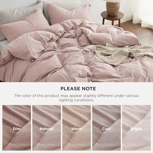 Bedsure 100% Washed Cotton Duvet Cover Queen Size - Petal Pink Minimalist Cotton Duvet Cover Linen Like for All Seasons - GentleSoft™ Plain Simple Bedding (Petal Pink, Queen, 90"x90")