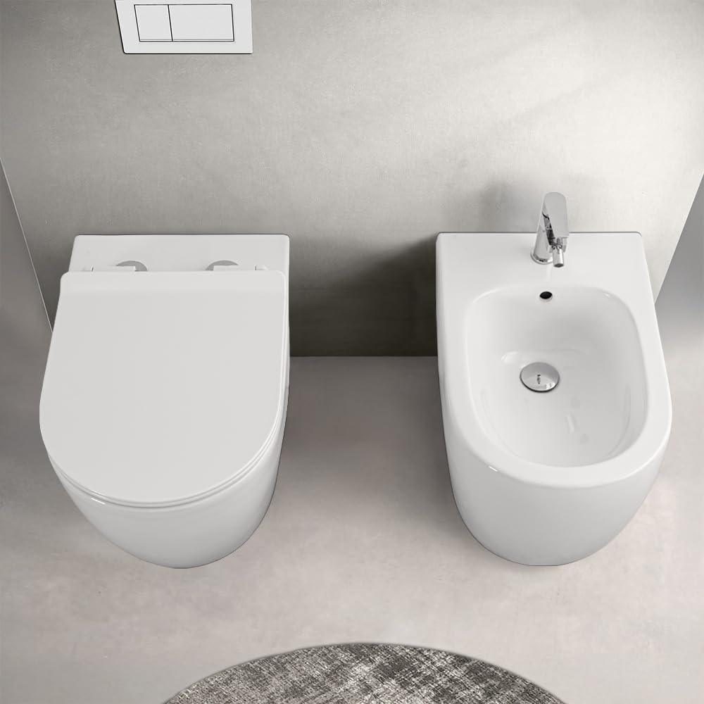 Coppia Sanitari Filo Muro Rimless Bianco Design Moderno Copriwater Chiusura Soft-Close