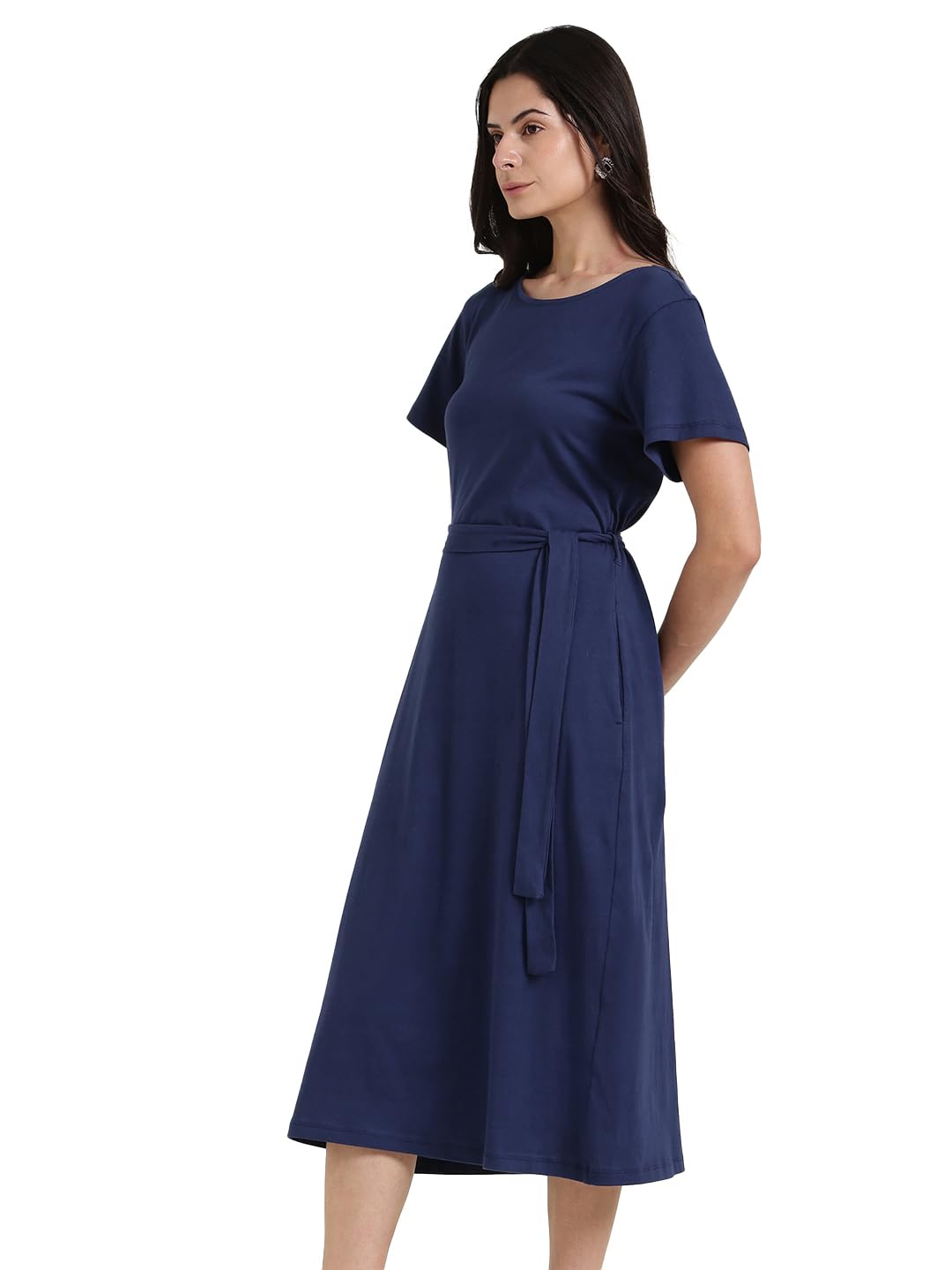 fablestreet Women Casual Dress | Comfortable A-Line Fit Round Neck Short Sleeve Solid Pattern | Breathable 100% Cotton Knit Fabric with Belt & Pockets for Workwear & Business Casual-picture-14