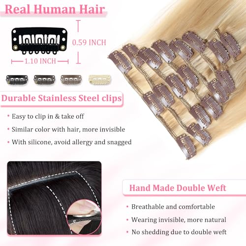 Image of Clip in Hair Extensions Real Human Hair, Human hair Clip ins Extensions | Seamless Invisible Human Hair Extensions Clip ins Straight 8Pcs Double Weft Dark Blonde Highlight Bleach Blonde 24 inch 120g