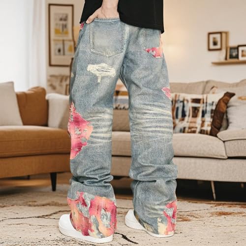 Mens Trendy Washed Denim Trousers Mid-Rise Contrast Color Regular Fit Casual Jean Pants with Pockets Streetwear 6