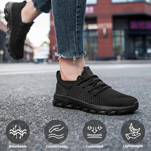 IQYNAM Running Shoes for Men Women Tennis Walking Slip on Unisex Slip-Resistant Work Shoes Breathable Athletic Workout Gym Black Sneakers Size Women 8/Men 6.5