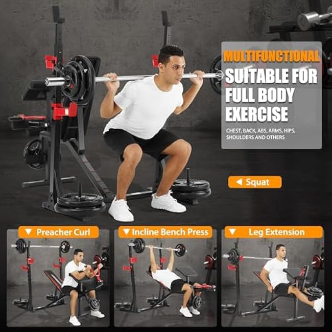 OPPSDECOR Professional Weight Bench Set with Barbell/Squat Rack, 900LBS Heavy Duty Bench Press Set with Leg Curl/Extension and Preacher Curl, Adjustable Full-Body Workout Bench for Home Gym Fitness