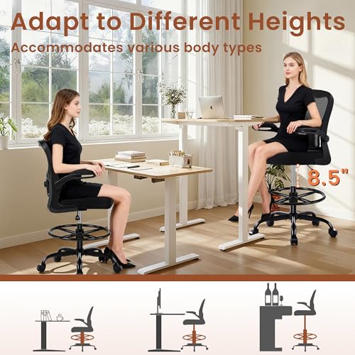 Image of AreShark Drafting Office Chair - Ergonomic Tall Office Chair with Adjustable Footrest Ring - Counter Height Adjustable Rolling Standing Desk Chair with Lumbar Support and Flip-up Armrests for Home