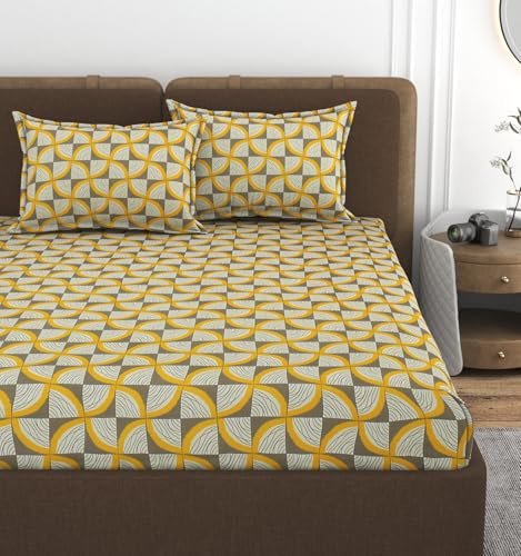 Image of VOMZER 300 TC Elastic Fitted Bedsheets with 2 Double Size Pillow Covers Queen Size | Double Bed with All Around Elastic (White Zig Zag) - Size 72 X 72 X 10 Inches