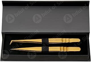 Abdul of Sialkot Fiber Tips Volume Tweezers for Eyelash Extensions Stainless Steel Eyelash Tweezers for Lash Extensions Isolation & Classic Lashes with Micro Fiber Tip Titanium(Pack of 2 Gold)