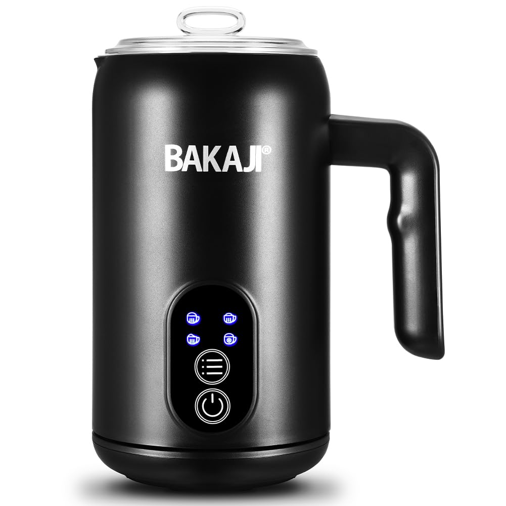 BAKAJI Espumador de leche eléctrico 4 en 1, Cappuccinatore automático, 350 ml, espumador para espuma de leche, funcionamiento silencioso, ideal capuchino caliente o frío, café manchado, acero