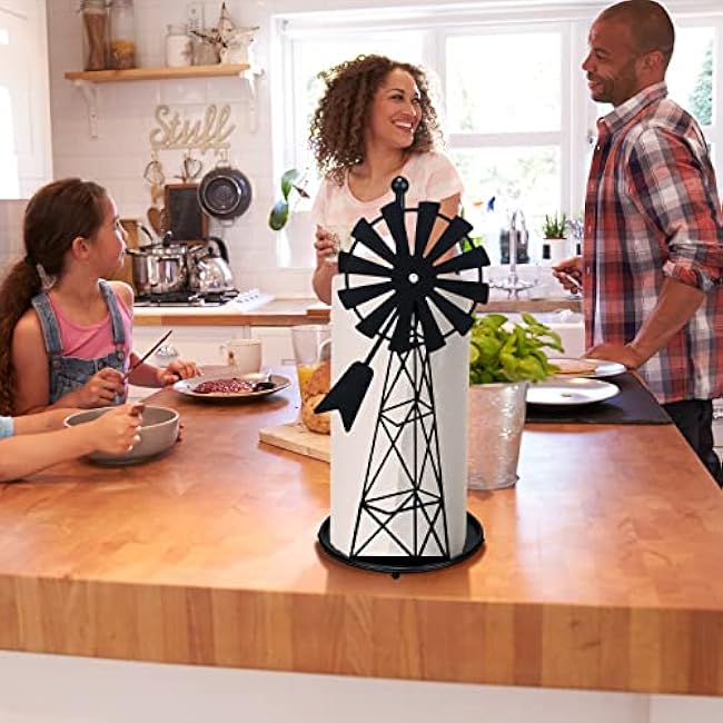 Vesici Windmill Paper Towel Holder Western Farmhouse Standing Paper Towel Roll Holder Black Countertop Metal Farm Decor Rustic Country Kitchen Rack for Kitchen Bathroom Home, 14.4 Inch