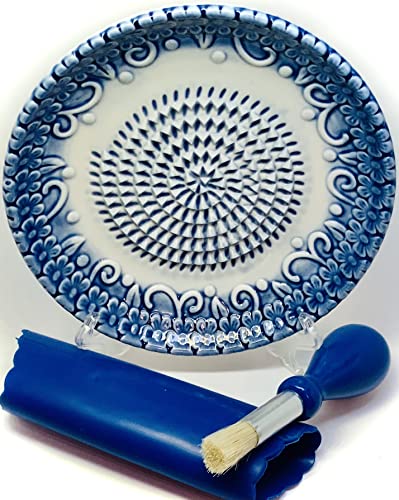 Image of BonCera, All-in-one Premium Ceramic Garlic Grater Plate 4-Piece Set - Blue Embossed Design and Style - For Garlic, Ginger, Chocolate, and more! - Comes with 5.25 inch Plate, Peeler, Brush, and Stand