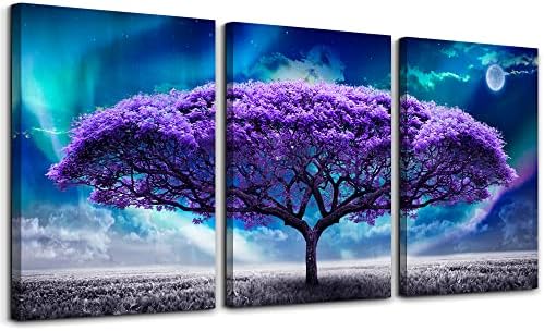 Canvas Wall Art For Living Room Boho Wall Decor For Bedroom Farmhouse Wall Pictures Aurora Purple Tree Scenery Wall Paintings Office Canvas Prints Modern Dormitory Home Decorations 12" X 16" 3 Piece
