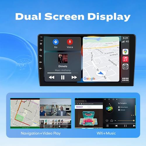 Image showing the car stereo display split into two sections, one for navigation and video playback, and another for Wi-Fi browsing and music, illustrating dual screen functionality.