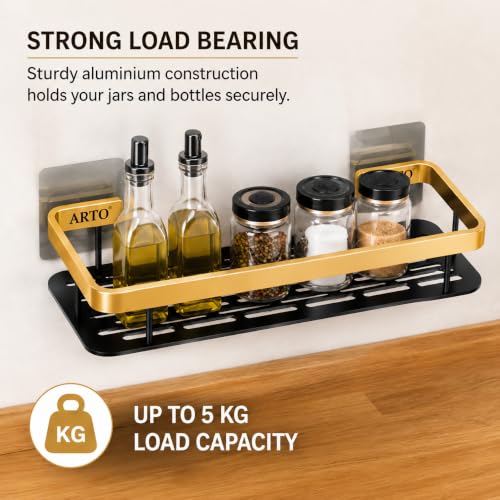Image of Arto Wall Mounted Shelf | Self-Adhesive Aluminium Rack for Bathroom & Kitchen | Drill-Free, Rustproof, Heavy Duty Holder | 13x30x5.5 cm | Black /Gold (POF-2)