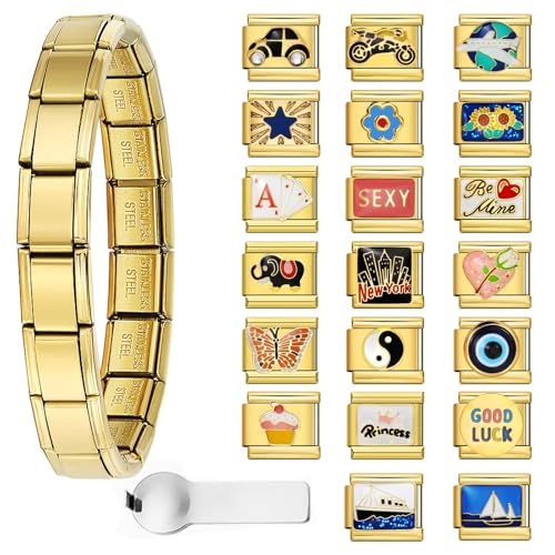 20PCS Gold Italian Charm Bracelet Stainless Steel Adjustable Bracelet with 20 Charms (Car Motorcycle Airplane Sexy Elephant New York) + Opener Tool Luxurious Jewelry Gift for Women & Men