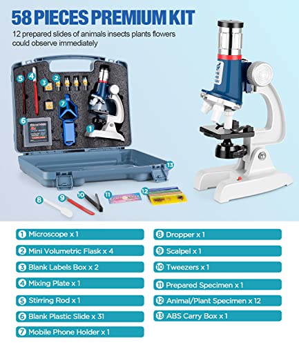 58-Pcs Microscope Kit For Kids 5-7 8-12, 100X-1200X Kids Microscope With Metal Body Microscope, Carrying Box, Led Light, Science Experiments Kit Toys For Kids 3-5 6 7 8 9 10 Christmas Birthday Gift #TOP5