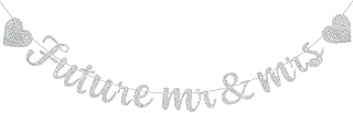 Glitter Silver Future Mr & Mrs Banner with Heart,Pre-Strung,Engagement Ceremony Decor Bridal Party Wedding Decorations,Bachelorette Party, Wedding Eve Parties Supply