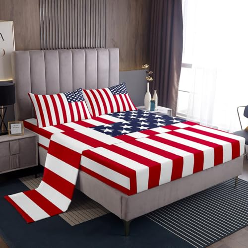 jejeloiu American Flag Fitted Sheet Queen Size Kids Bedding Set for Boys Girls Teens Red White Blue Bed Sheets Set