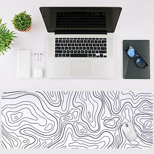 Image of Large Gaming Mouse Pad, White Topographic Mousepad Desk Mat for Gaming Office, Long XL Mouse Pads Keyboard Pad Desk Pad for Computer Laptop 31.5''x11.8''