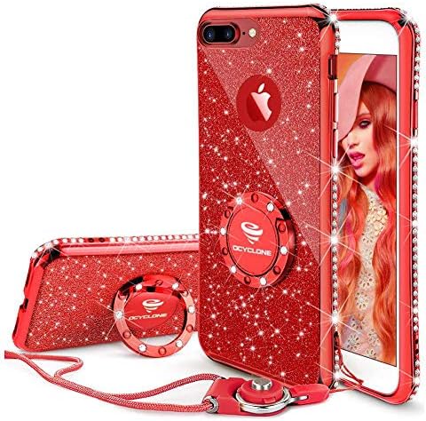 OCYCLONE iPhone 8 Plus Case, iPhone 7 Plus Case, Glitter Luxury Bling Diamond Rhinestone Bumper with Ring Grip Kickstand Protective Thin Girly Red iPhone 8 Plus/ 7 Plus Case for Women Girl - Red