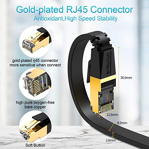 50 ft Cat 8 Ethernet Cable Flat Black, Empanar Cat8 Ethernet Cord High Speed 40Gbps 2000Mhz Weatherproof Heavy Duty Cat8 RJ45 Cable for Router Gaming Modem PC PS4 PS5 Xbox