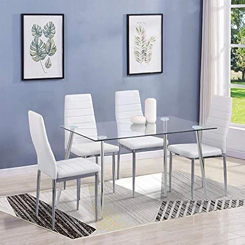 GOLDFAN Esstisch Glas mit 4 Weiß Stühlen Essgruppe Wohnzimmertisch und 4 Stuhl küchentisch Tische Set Cover