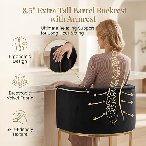 Image of HNY Modern Counter Height Velvet Fabric Upholstered Counter Stool, 24 Inch Kitchen Island Stool with Gold Finish Metal Frame, Black
