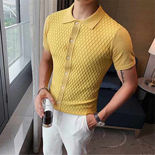 Men Summer Short Sleeves Knitted Sweater Solid Color Lapels Grid Ice Silk Slim Fit Cardigan2