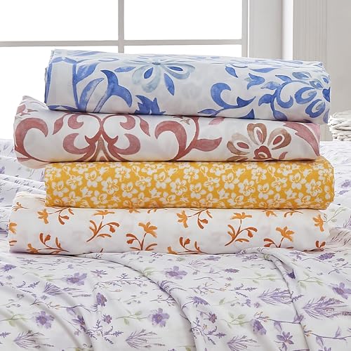 Image of Great Bay Home Twin Size Floral Microfiber Sheet Set - 3-Piece Ultra-Soft, Brushed Bedding Sheets & Pillowcases - Wrinkle Free, Comfortable, All-Season Bed Sheets (Colorful Floral - Lavender)
