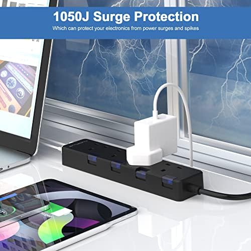 Extension Lead with Individual Switches,AUOPLUS 4 Way Socket Outlets Power Strips with 3 USB(5V/3.1A),1050J Surge Protection Plug Extension with 3M Black Cord ,13A 3250W,for Home, Kitchen, Office