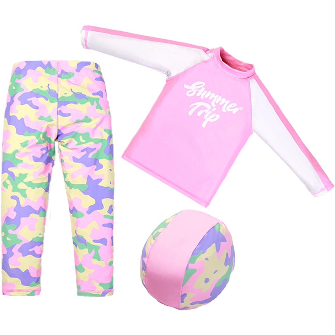 Kids Swimsuit Girls Hawaiian Swim Shirts Rash Guard Sets Sun Hat Flower Leaves UPF 50+ Bathing Suit