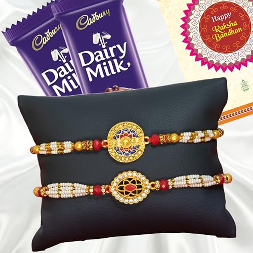 Image of Canton Rakhii Gift for Brother with Chocolate - Designer Rakhi for Brother with Chocolate Gift Hamper Pack, Roli Kumkum & Greeting Card (Design-5, 2 Rakhi + Cadbury)