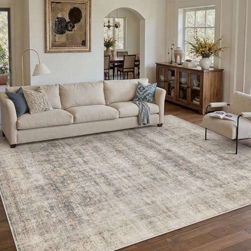 9x12 Washable Area Rug for Living Room Bedroom Vintage Blue Brown Soft Low Pile Carpet Traditional Retro Non Slip Large Throw Rug for Dining Room Office Kitchen Indoor 9' x 12' (Rectangular)