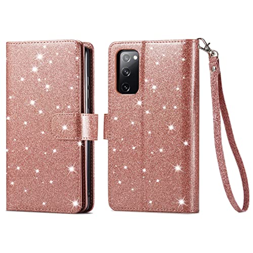 Varikke Samsung S20 Fe Case Wallet, Case For Samsung S20 Fe 5G With Card Holders & Magnetic Detachable Cover & Kickstand & Lanyard Strap Glitter Pu Leather Folio Flip Case For Galaxy S20 Fe, Rose Gold #TOP6