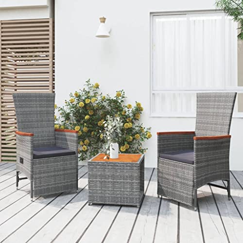 Sufrk Ensemble de Salon de Jardin 3 pcs Gris Poly rotin et Acacia,Table Pliante Exterieur,Table Chaise Jardin Pas Cher,Salon De Balcon