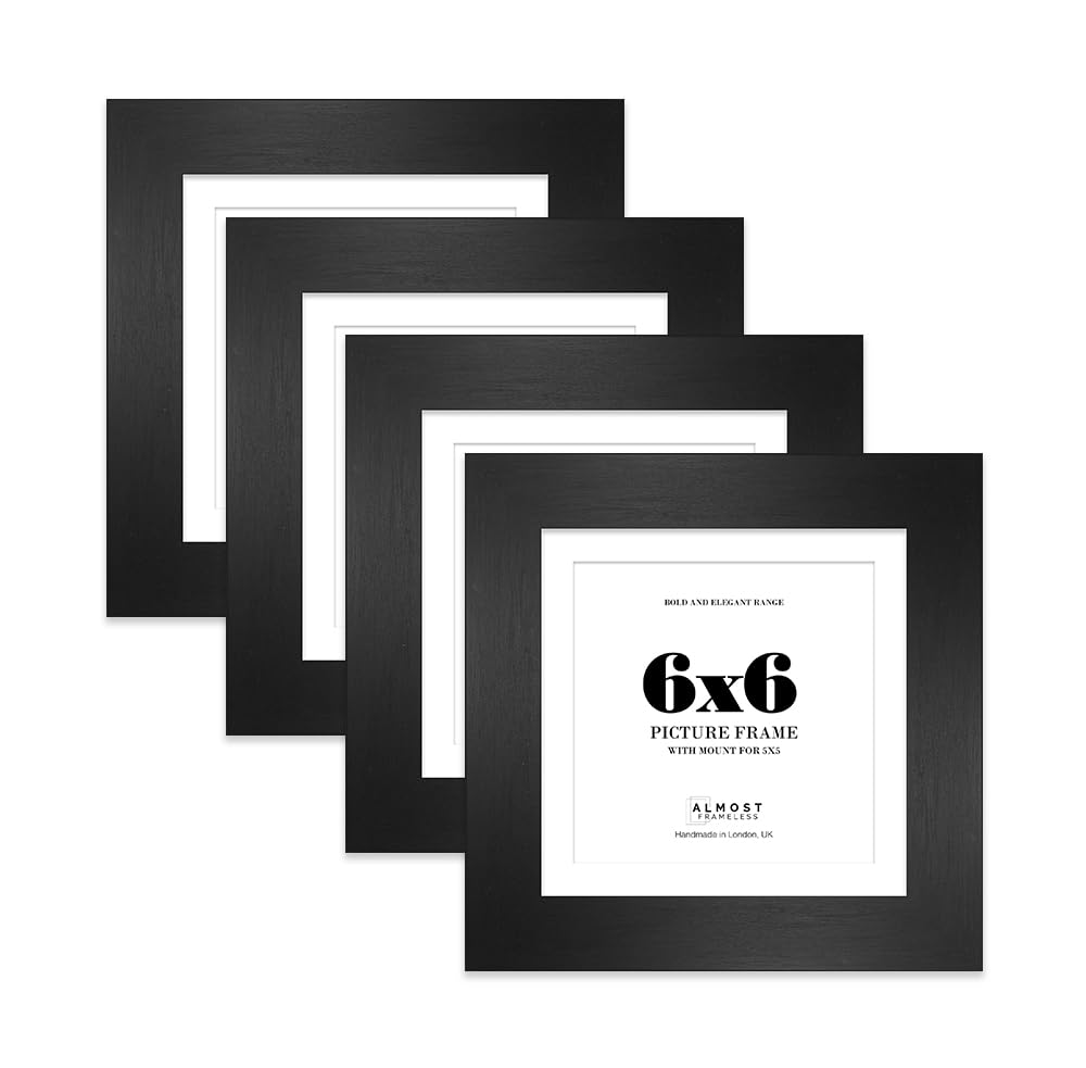6x6 Black Square Frame With Mount for 5x5 Pictures 28mm Edge Frame Display with Wall Hooks and Kickstand, 4 Pack