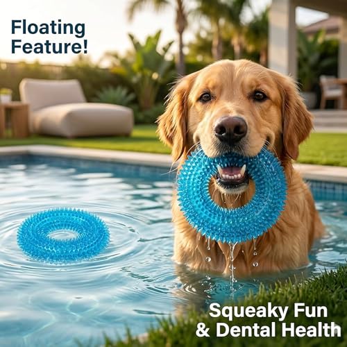 Image of Squeaky Dog Toys for Aggressive Chewers, Floating Donut Ring for Large Dogs | Blue TPR dog chew toy for small and medium dogs, teeth cleaning and puppy teething; water toy for fetch and pool play