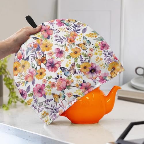 Image of Tea Cozy for Teapot, Kitchen Accessory Tea Pot Cosy Insulated Kettle Cover Breakfast Warmer for Home Kitchen Decoration Watercolor Floral Butterfly
